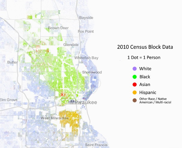 Map of Milwaukee and surrounding areas, showing distinct racial segregation with heavy concentrations of African Americans in the northwest, Latinos in the south, and whites along the eastern Lake Michigan coast.